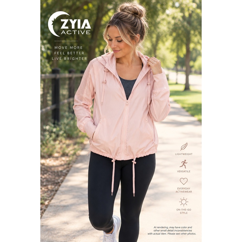 Zyia Active Medium Windbreaker Jacket Blush Pink Mesh Detail Full Zip Hooded
